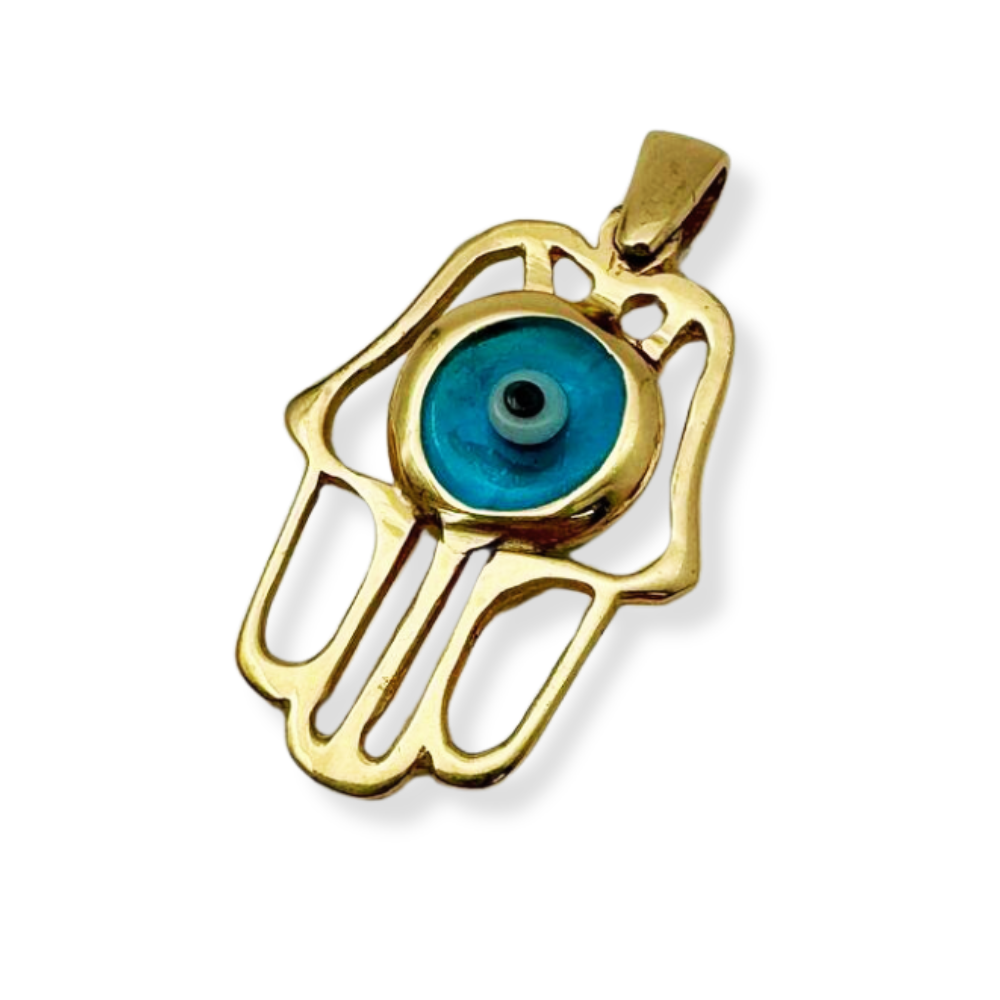 14k Gold Crystal Eye Hamsa Pendant