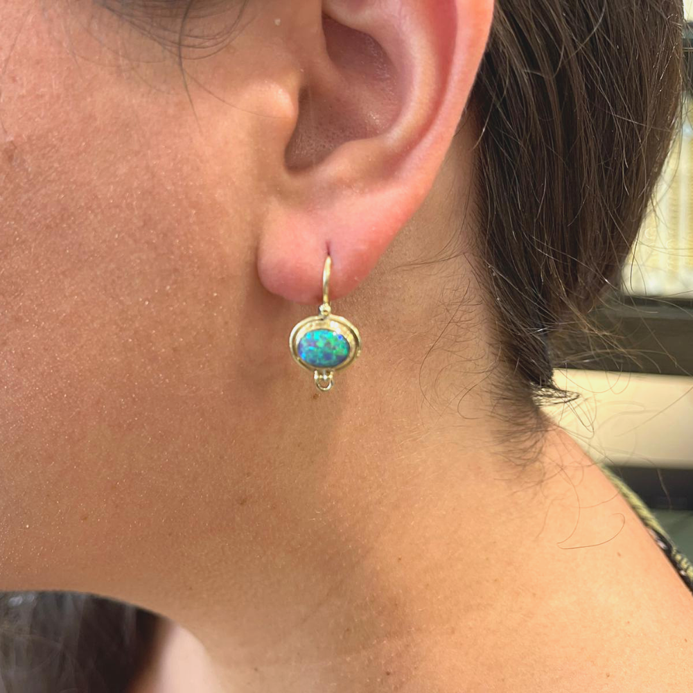 Blue Opal 14k Yellow Gold Hook Round Ethnic Oval Earrings