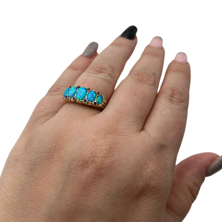 Blue Opal & Garnet Gemstones Filigree 14k Yellow Gold Ring