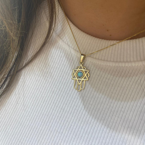 Blue Opal Hamsa Star of David 14k Gold Pendant