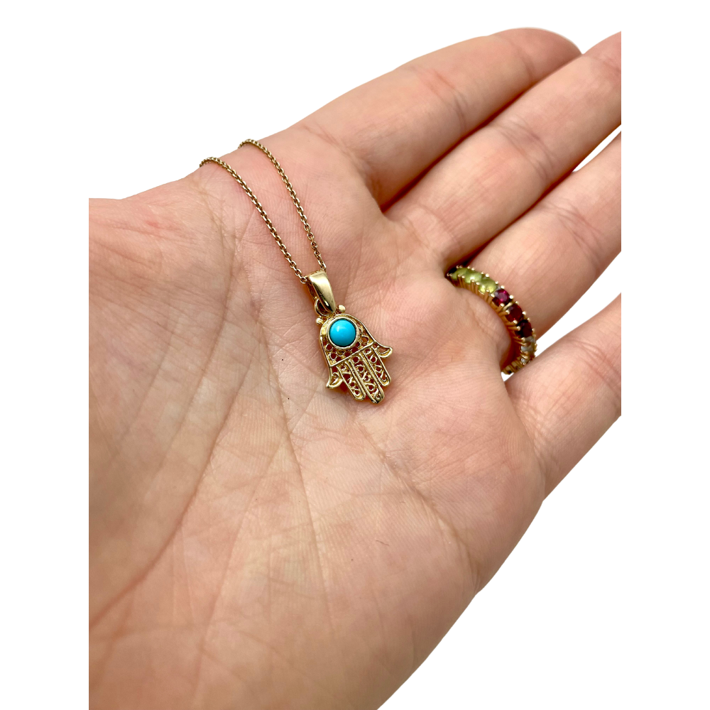 14K Gold Turquoise Filigree Mini Hamsa Pendant