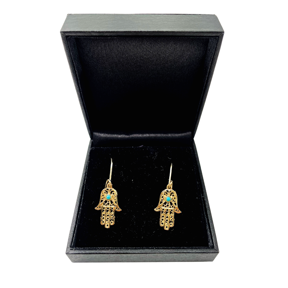 14k Gold Hamsa Earrings with Turquoise