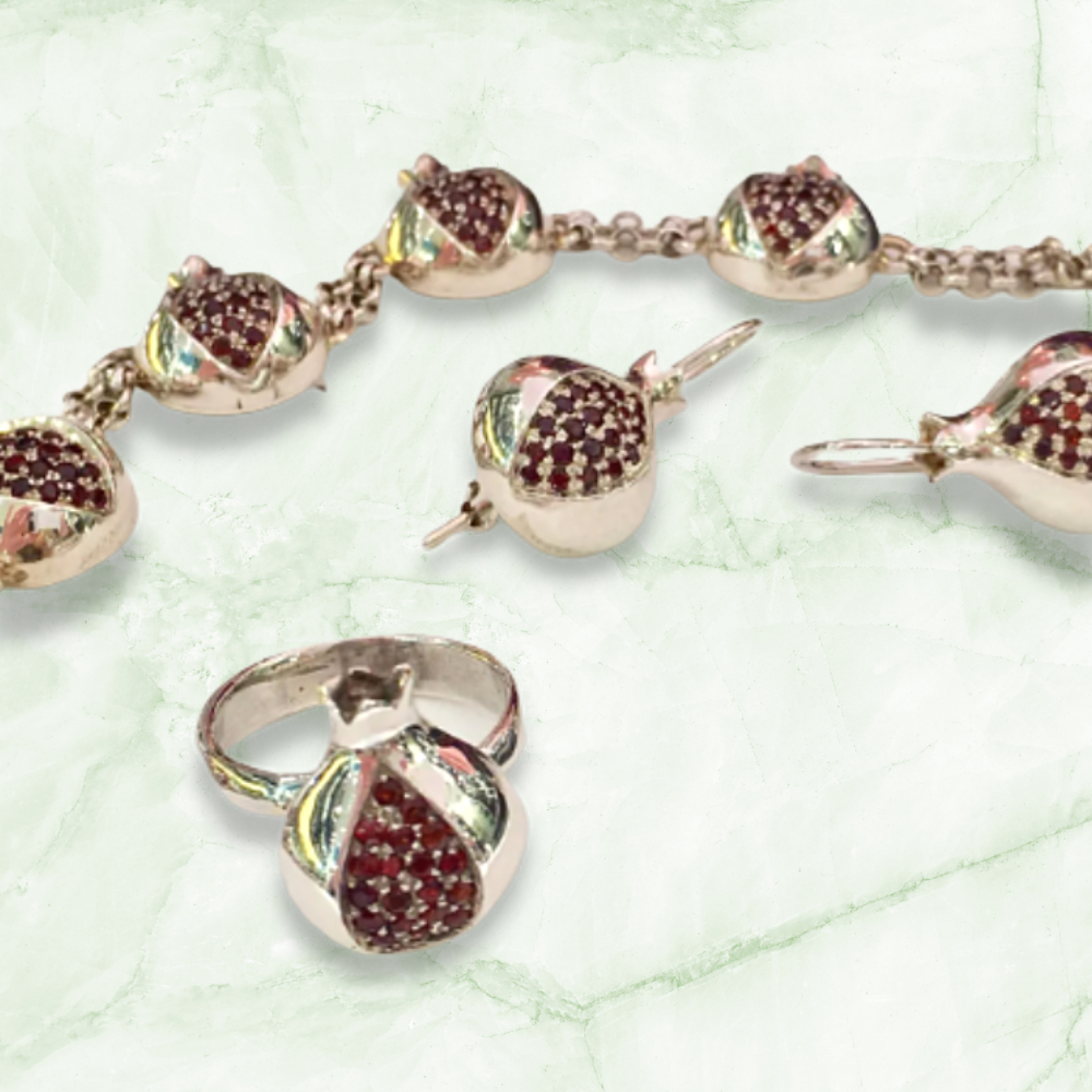 Pomegranate Bracelet, Sterling Silver Garnet Bracelet, Israeli Jewelry, Symbolic Fruit Silver Bracelet, Judaica Jewelry, Israeli Jewelry