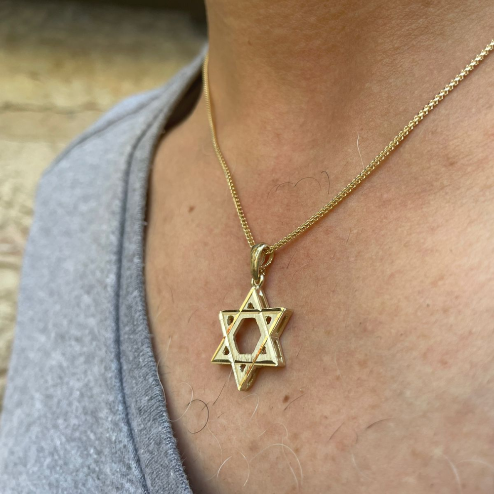 Star of David Pendant - with Lines Dual Finish 14k Gold