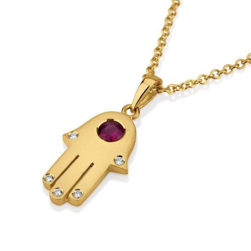 18k Gold Ruby Diamond Hamsa Pendant - Yellow Gold - Baltinester Jewelry