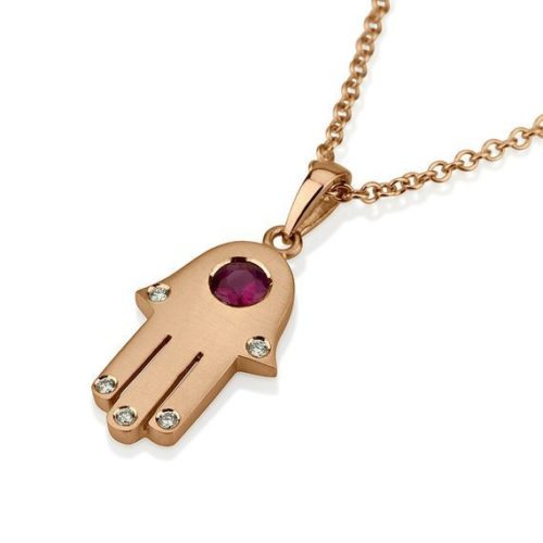 18k Gold Ruby Diamond Hamsa Pendant - Rose Gold - Baltinester Jewelry