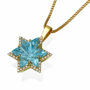 Blue Topaz Diamond Star of David 14k Gold Pendant - Baltinester Jewelry