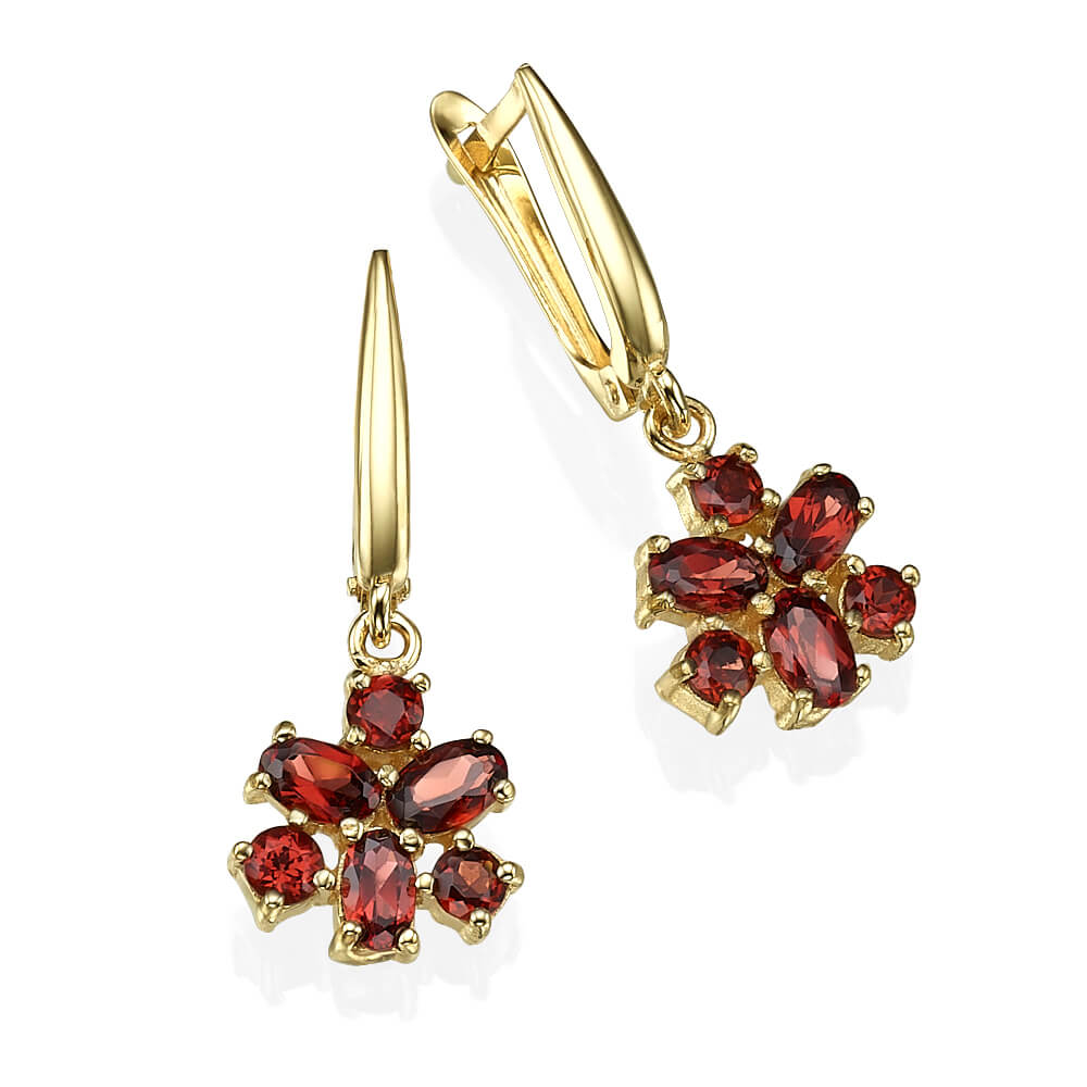 Garnet Flower Yellow Gold Drop Earrings - Baltinester Jewelry