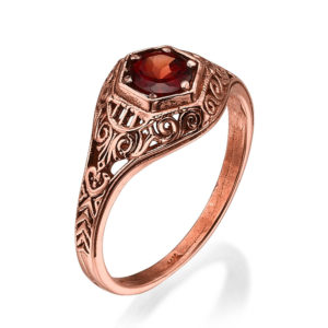 Ornate Rose Gold Garnet Solitaire Ring - Baltinester Jewelry