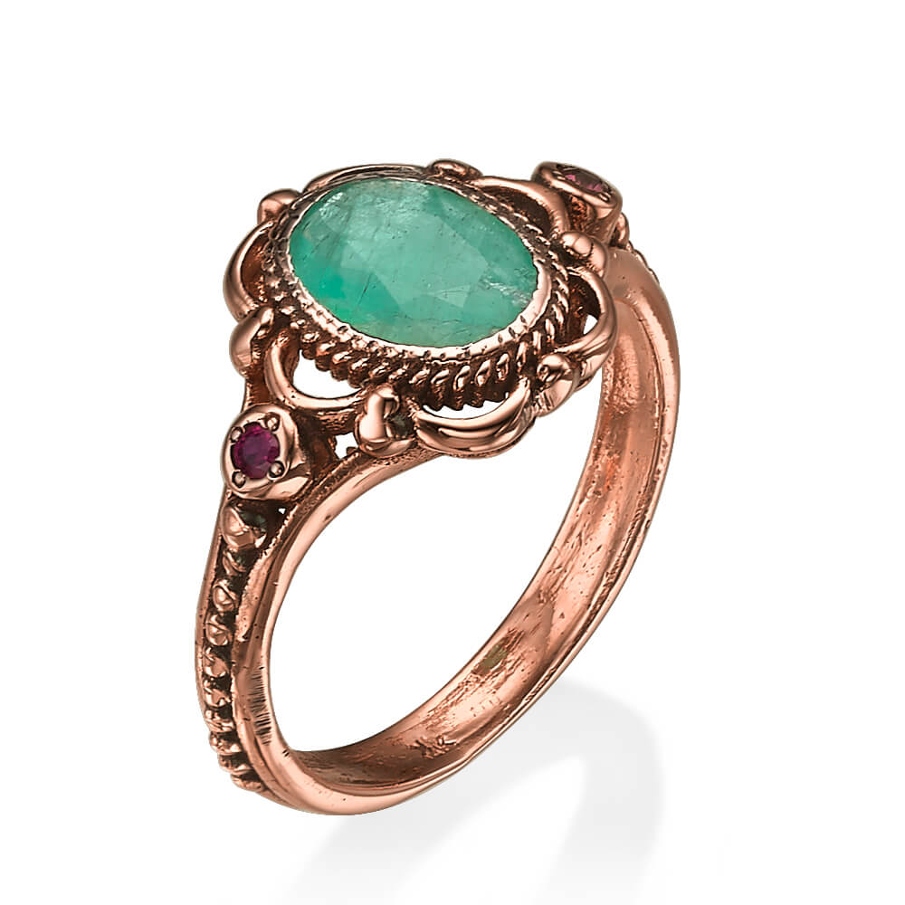 Raw Emerald and Garnet Rose Gold Ring - Baltinester Jewelry
