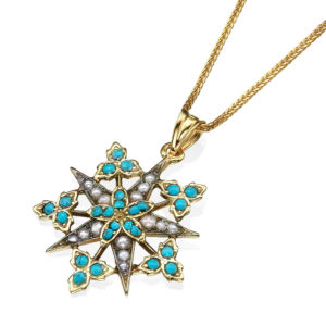Turquoise & Pearl Star Yellow Gold Pendant - Baltinester Jewelry
