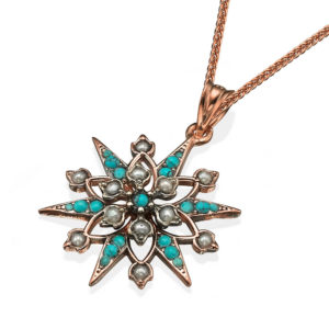 Rose Gold Turquoise and Pearl Snowflake Pendant - Baltinester Jewelry