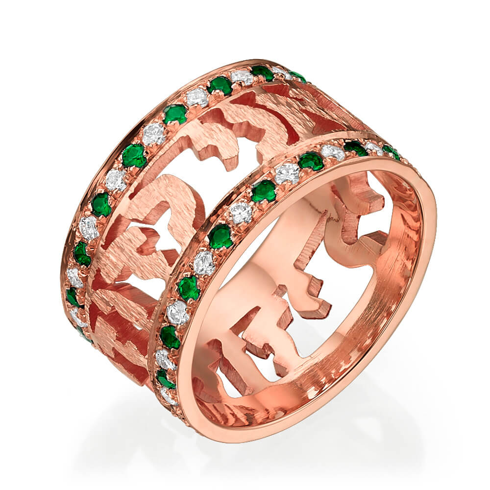 14k Rose Gold Emerald and Diamond Jewish Wedding Ring - Baltinester Jewelry