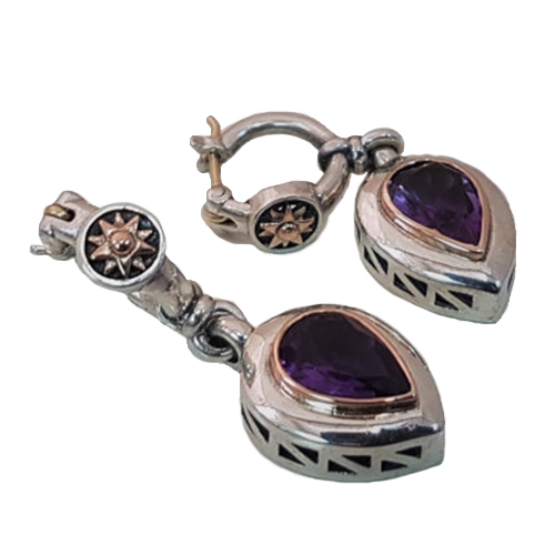 Dangle Earings With Silver, Gold, and Amethyst Gemstone - Baltinester Jewelry