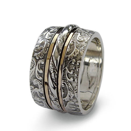 Classic Sterling Silver and Gold Spinner Ring With Floral Filigree - Baltinester Jewelry
