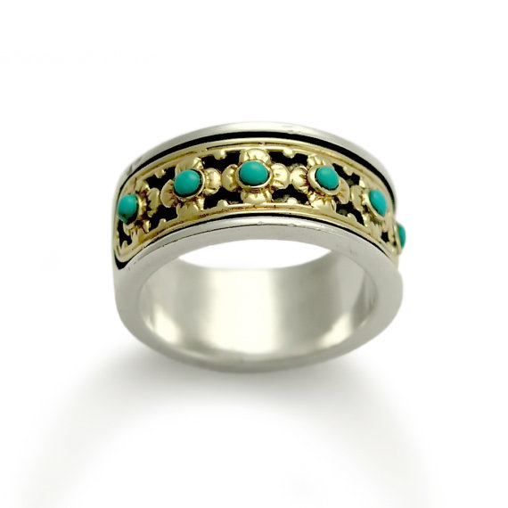 Turquoise Stone Sterling Silver and 9k Gold Floral Ring - Baltinester Jewelry