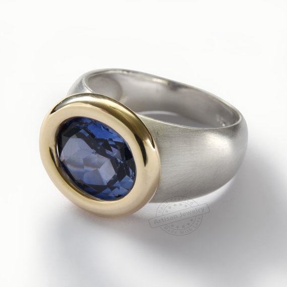 Sterling Silver and Yellow Gold Ring With Blue Oval Sapphire - Baltinester Jewelry