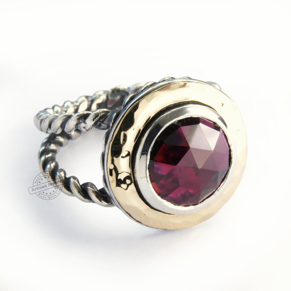 Large Garnet Gemstone Sterling Silver and 9k Gold Ring - Baltinester Jewelry