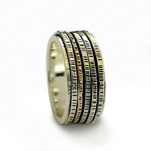 Classic 5 Spinner Oxidized Hammered Sterling Silver Gold Band - Baltinester Jewelry