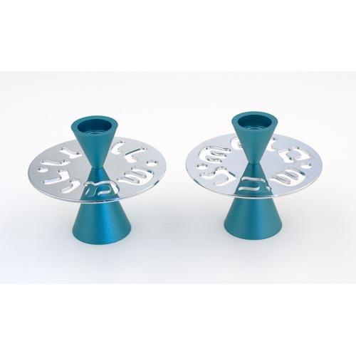 Shabbat Shalom Candle Holders With Modern Design - Teal - Baltinester Jewelry