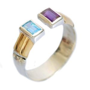 Silver Gold Blue Topaz and Amethyst Ring - Baltinester Jewelry