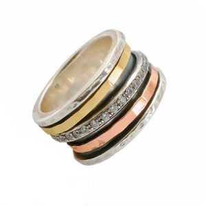 Hammered Silver and Two Tone Gold CZ Spinning Ring - Baltinester Jewelry