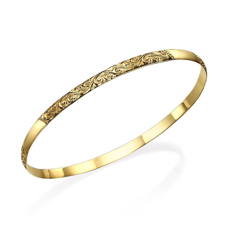 14k Gold Etched Swirls Moroccan Bangle Bracelet - Baltinester Jewelry