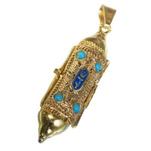 14k Gold Filigree & Enamel Mezuzah Pendant - Baltinester Jewelry