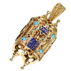 Turquoise 14k Gold Filigree Torah Pendant - Baltinester Jewelry