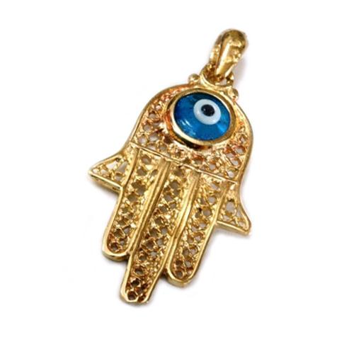Hamsa Pendant 14k Gold Filigree Crystal Evil Eye - Baltinester Jewelry