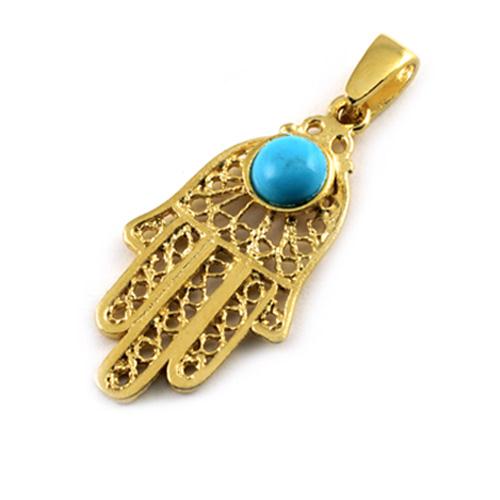 14k Gold Turquoise Filigree Large Hamsa Pendant - Baltinester Jewelry