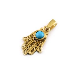 14K Gold Turquoise Filigree Mini Hamsa Pendant - Baltinester Jewelry
