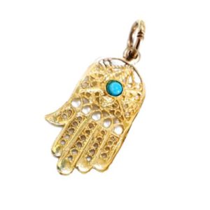 14k Gold Filigree Turquoise Hamsa Pendant - Baltinester Jewelry