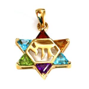 14k Gold Star of David Chai Multicolored Stone Pendant - Baltinester Jewelry