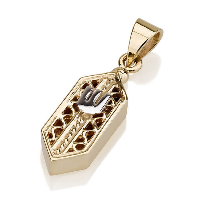 14k Embellished Mezuzah Pendant White Shin Symbol - Baltinester Jewelry