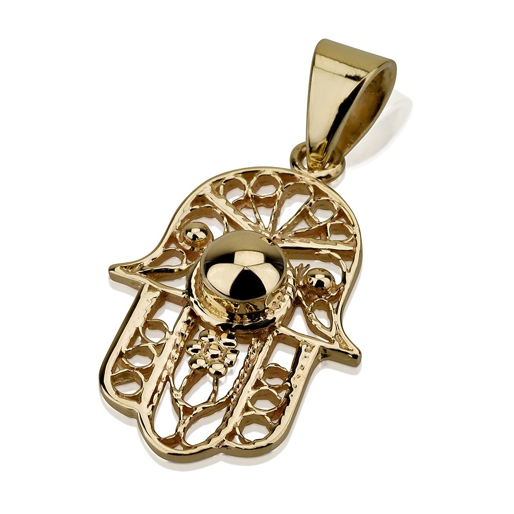 Filigree Hamsa Gold Dome Detail 14k Pendant - Baltinester Jewelry