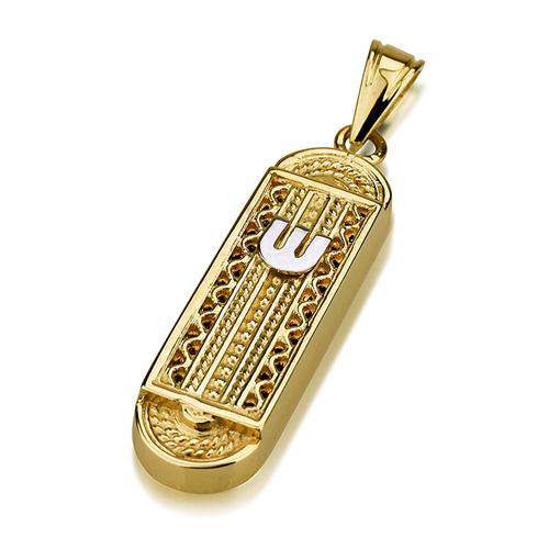14k Gold Filigree Round Mezuzah Pendant - Yellow Gold - Baltinester Jewelry