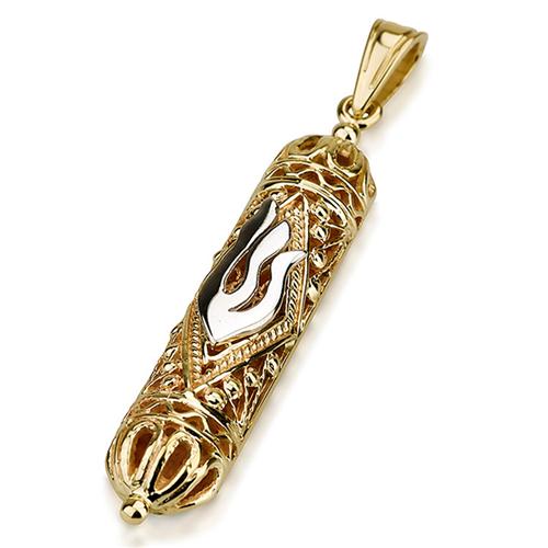 14k Gold Two Tone Filigree Mezuzah Pendant - Baltinester Jewelry