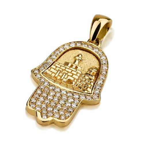 18k Gold 3D Jerusalem Diamond Hamsa Pendant - Baltinester Jewelry