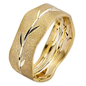 Yellow and White Brushed Gold Wavy Leaf Wedding Ring - Baltinester Jewelry