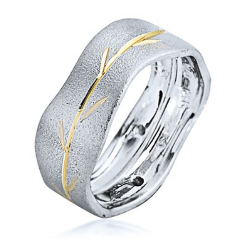 White and Yellow Brushed Gold Wavy Branch Wedding Ring - Baltinester Jewelry