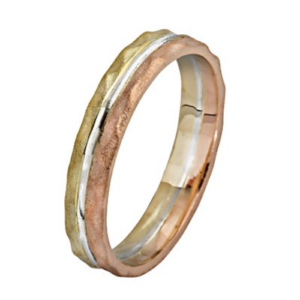 Tri-Color 14K Gold Hammered Stripes Wedding Ring - Baltinester Jewelry
