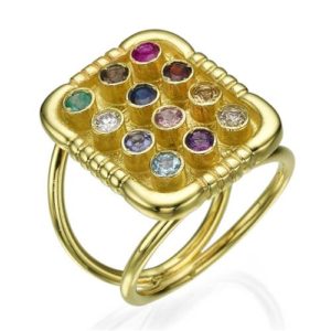 12 Stone 14k Yellow Gold Large Square Top Hoshen Ring - Baltinester Jewelry