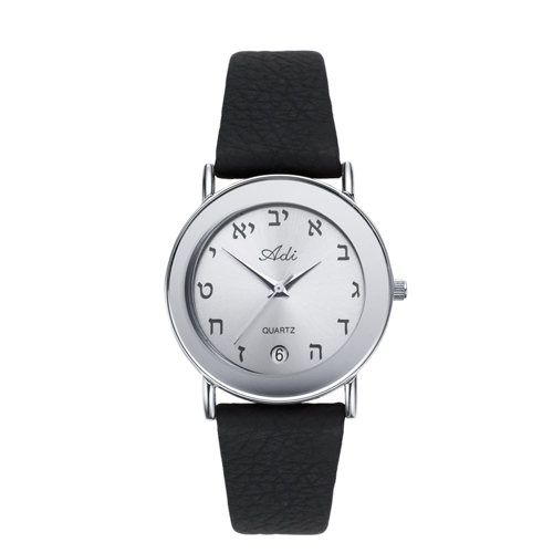 Date Silver Aleph Bet 32 mm Black Leather Strap Watch - Baltinester Jewelry