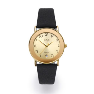 32 mm Date Aleph Bet Black Leather Strap Watch - Baltinester Jewelry