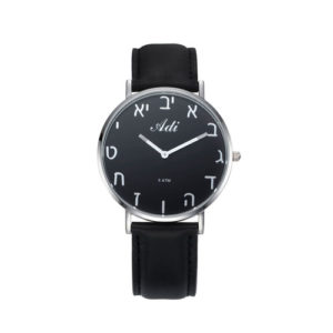 Black Dial 40 mm Aleph Bet Black Leather Strap Watch - Baltinester Jewelry