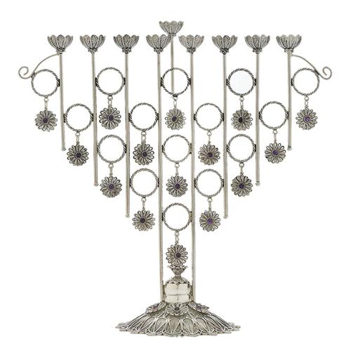 Silver Flowers Amethyst Filigree Hanukkah Menorah - Baltinester Jewelry