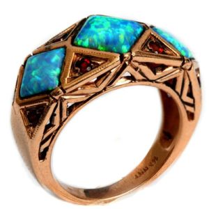 14k Rose Gold Opal and Garnet Triangular Ring - Baltinester Jewelry