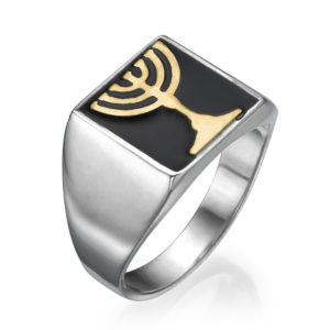 Gold Inlay Menorah Onyx Silver Signet Ring - Baltinester Jewelry