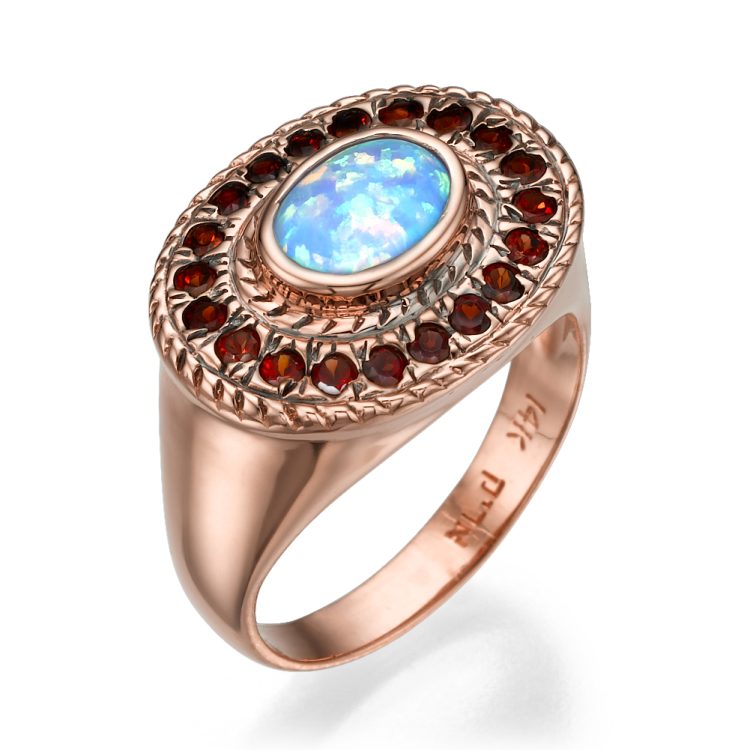 14k Rose Gold Opal Garnet Ethnic Oval Ring - Baltinester Jewelry